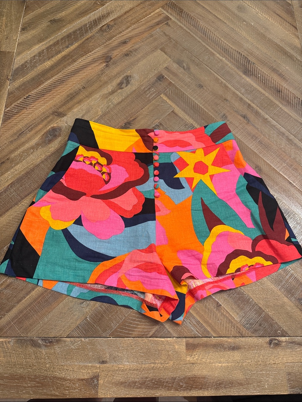 Olivaceous High-Waist Floral Shorts in Pink, Orange & Teal